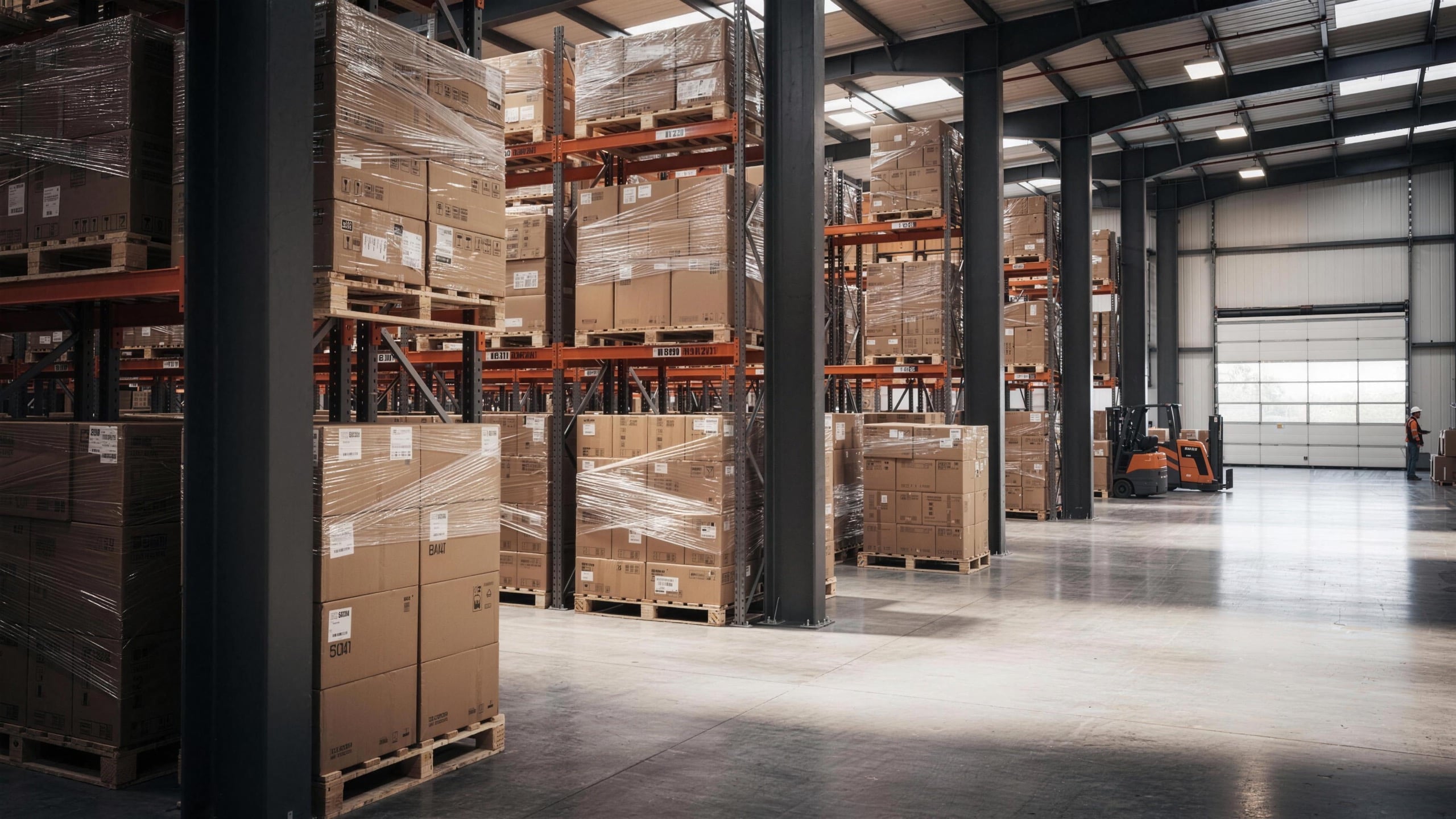 A warehouse interior with palletised goods on racking, receding past steel columns to an open floor and a loading door.