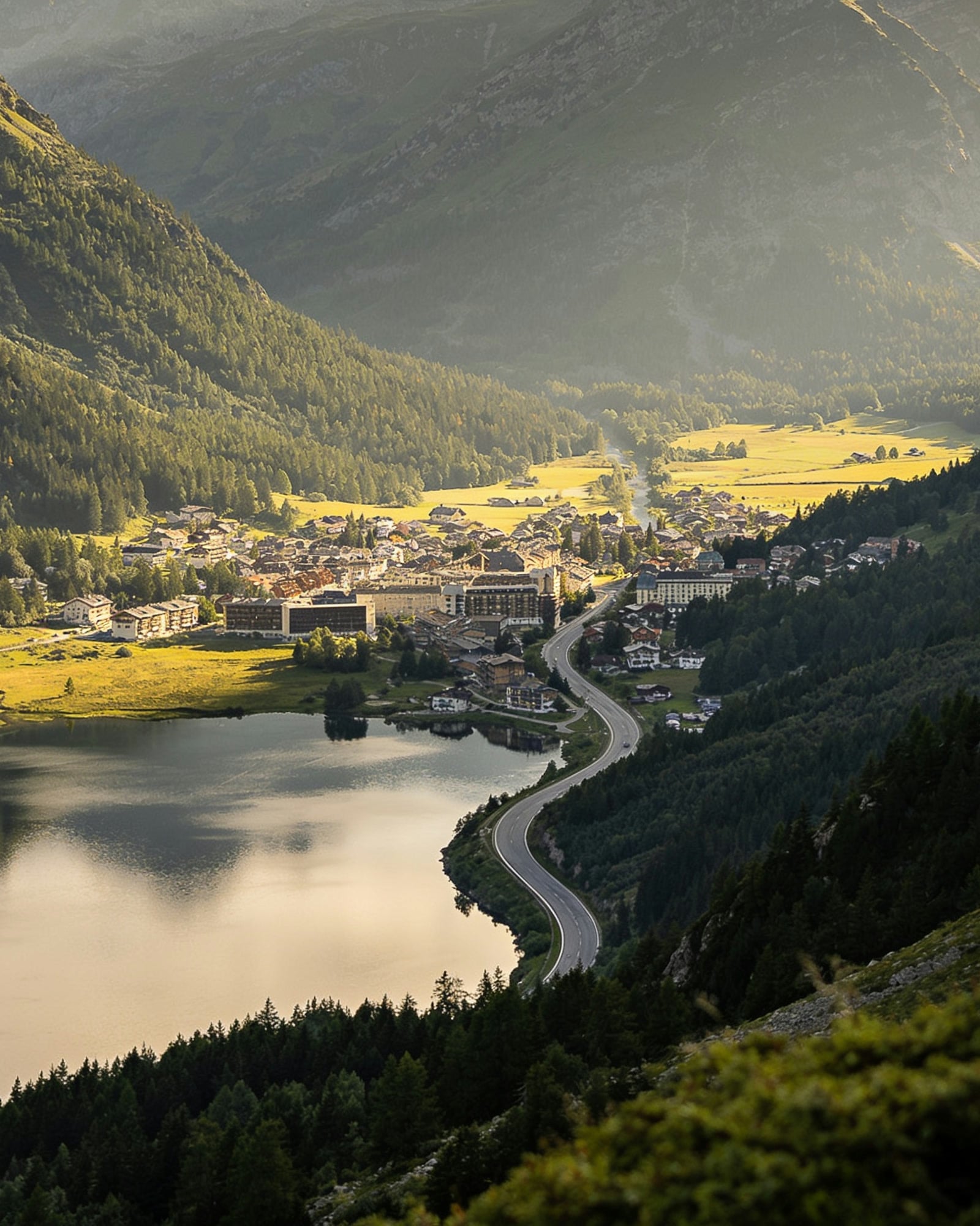 A mountain valley at low sun, with a lake, a road and a small town on the valley floor.