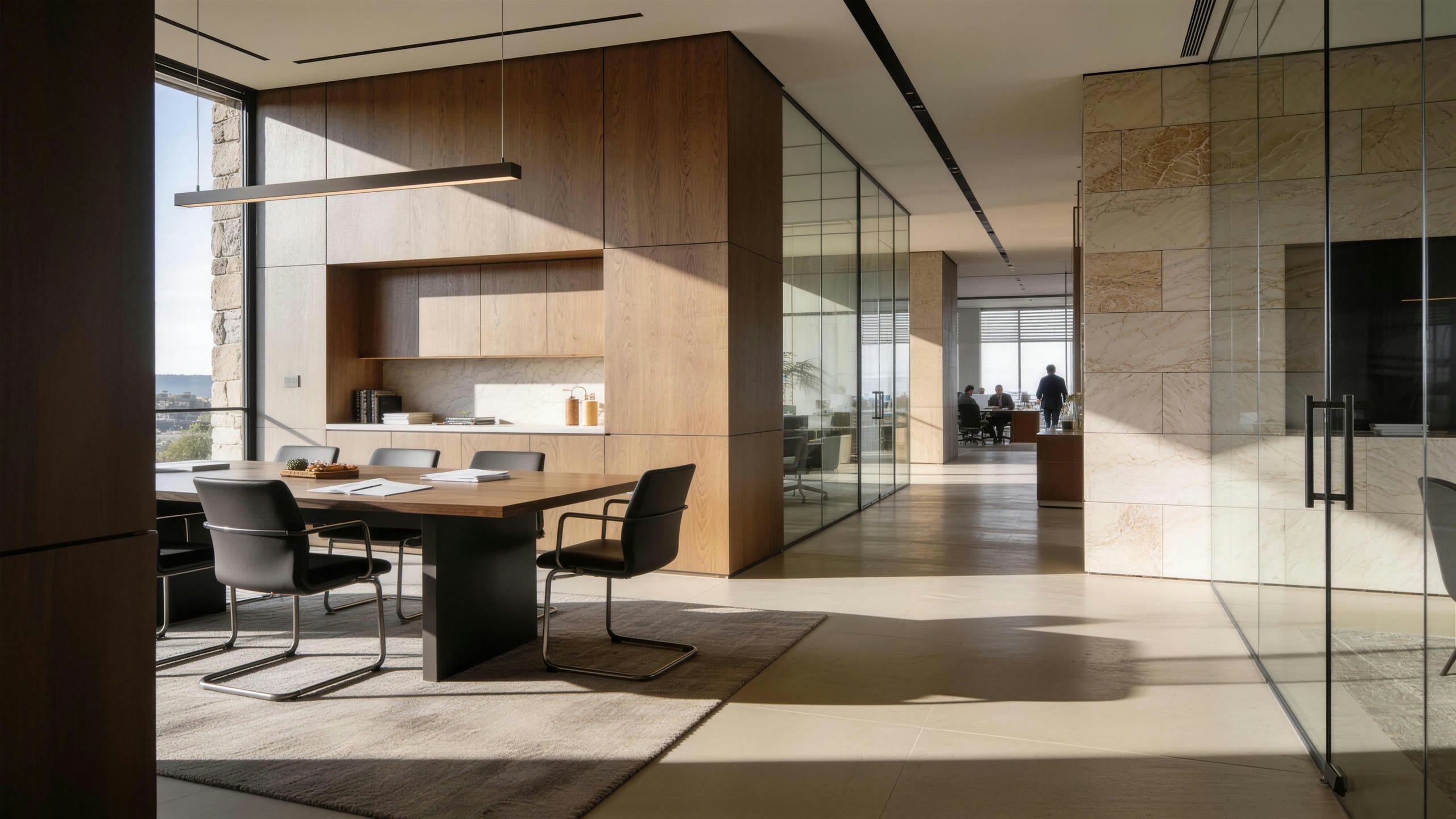 A quiet boardroom with a timber table, opening through glass onto a further meeting room beyond.