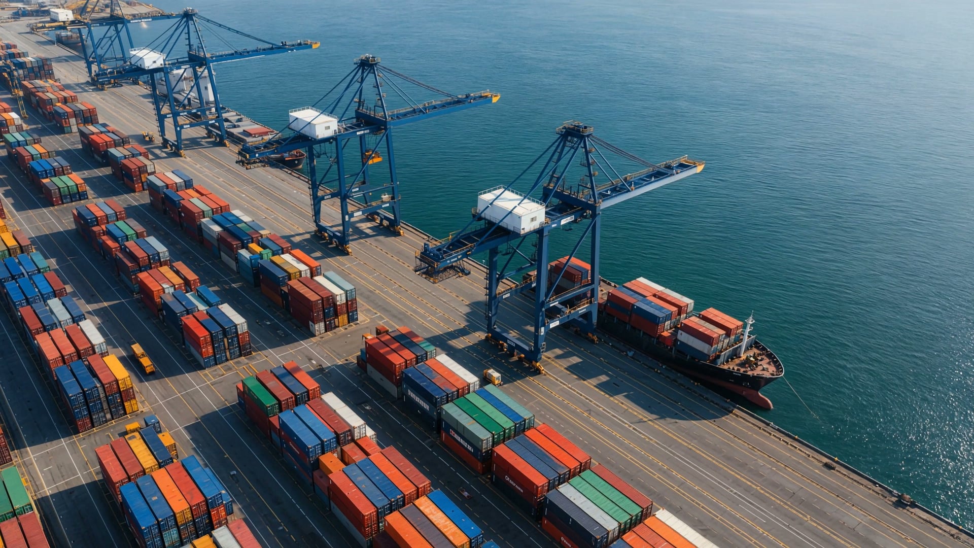 A container terminal seen from the air, cranes working a ship along the quay.