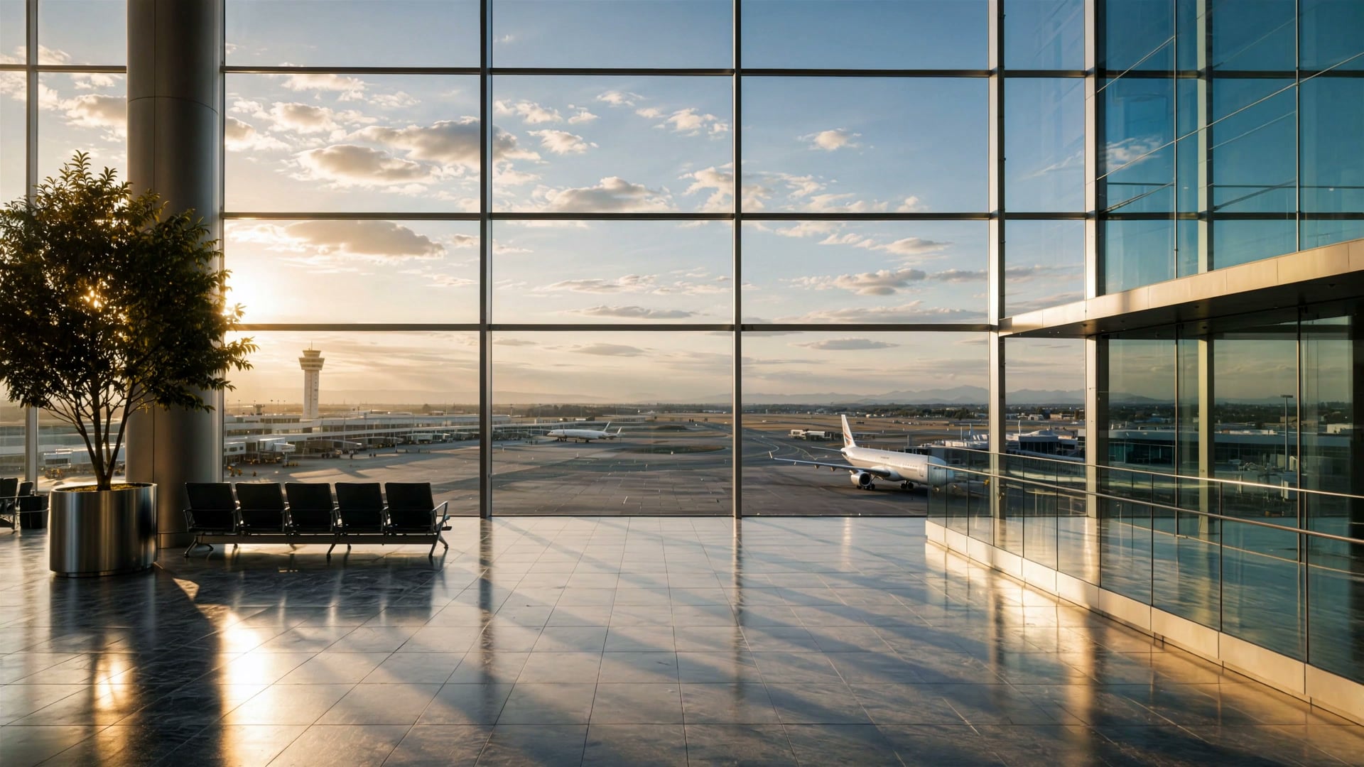 An airport departure hall at sunset, looking out through a glazed wall to an aircraft on the apron.